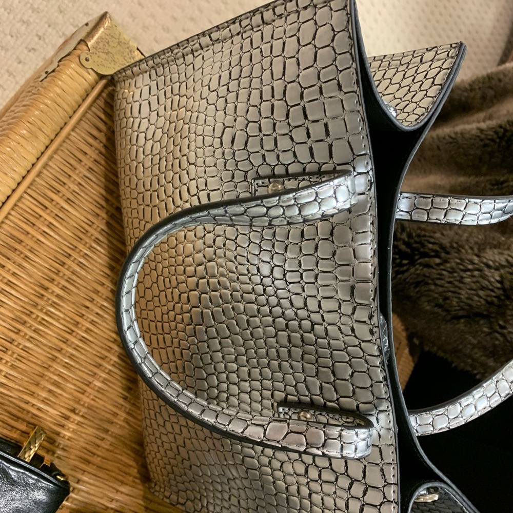 Silver stylish croc embossed faux tote bag